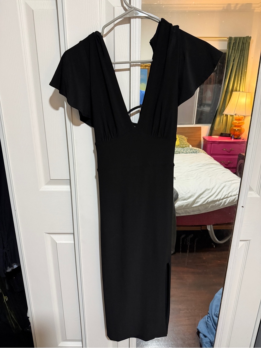 AYM - Black V-Neck Flutter Sleeve Midi Dress